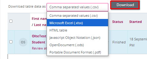 Download table data ekranı